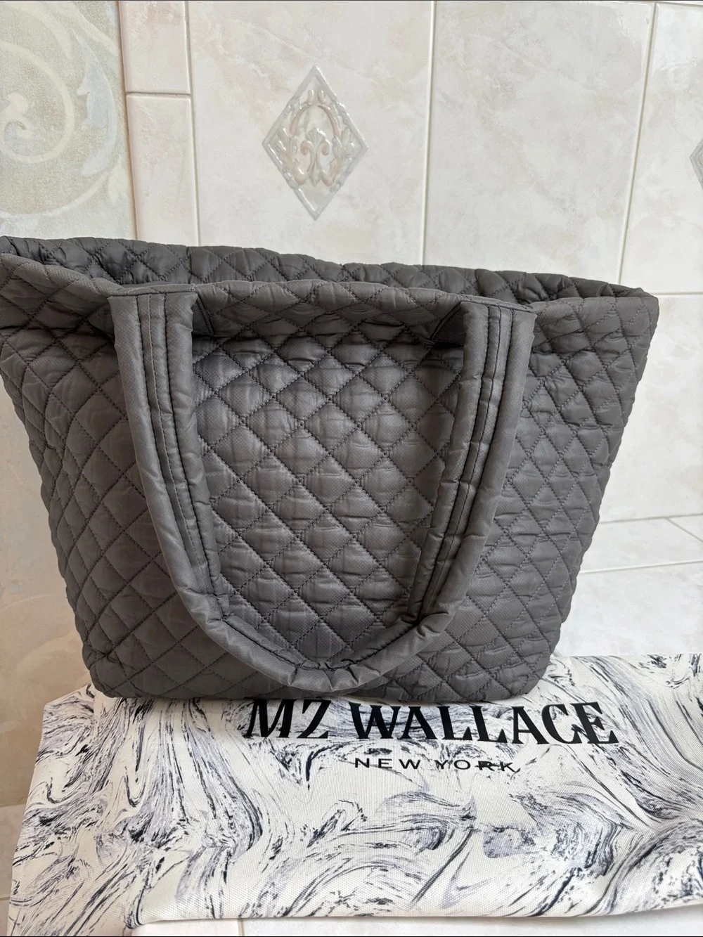 MZ Wallace Metro Tote Quilted Shoulder Bag in Charcoal Gray